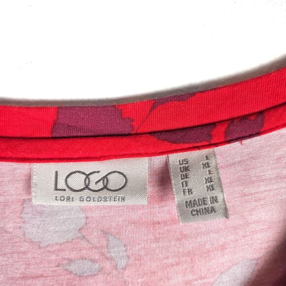 LOGO by Lori Goldstein Cherry Red Floral Short Sleeve Midi Dress White‎ Godet L - Picture 6 of 8